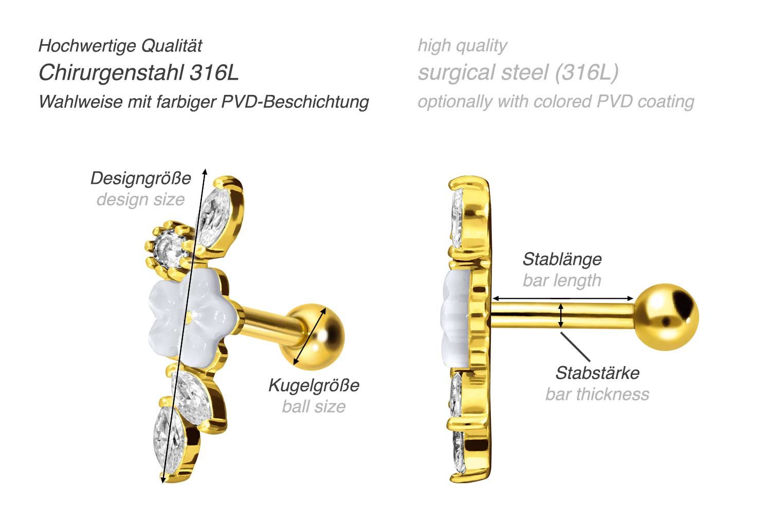 Chirurgenstahl Ohrpiercing BLUME + KRISTALLBLÄTTER