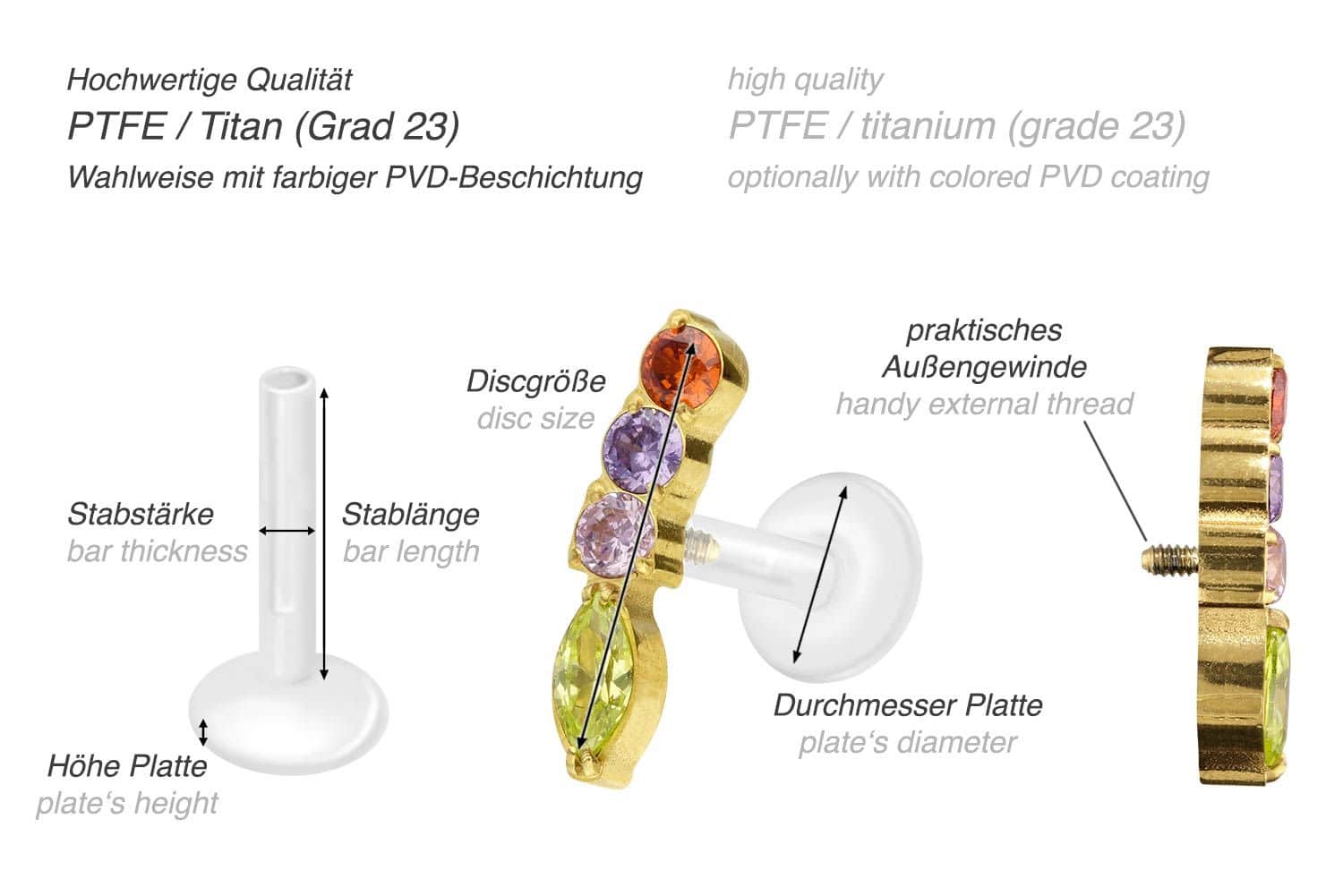 PTFE labret with internal thread + titanium attachment MULTICOLORED CRYSTAL ARCH