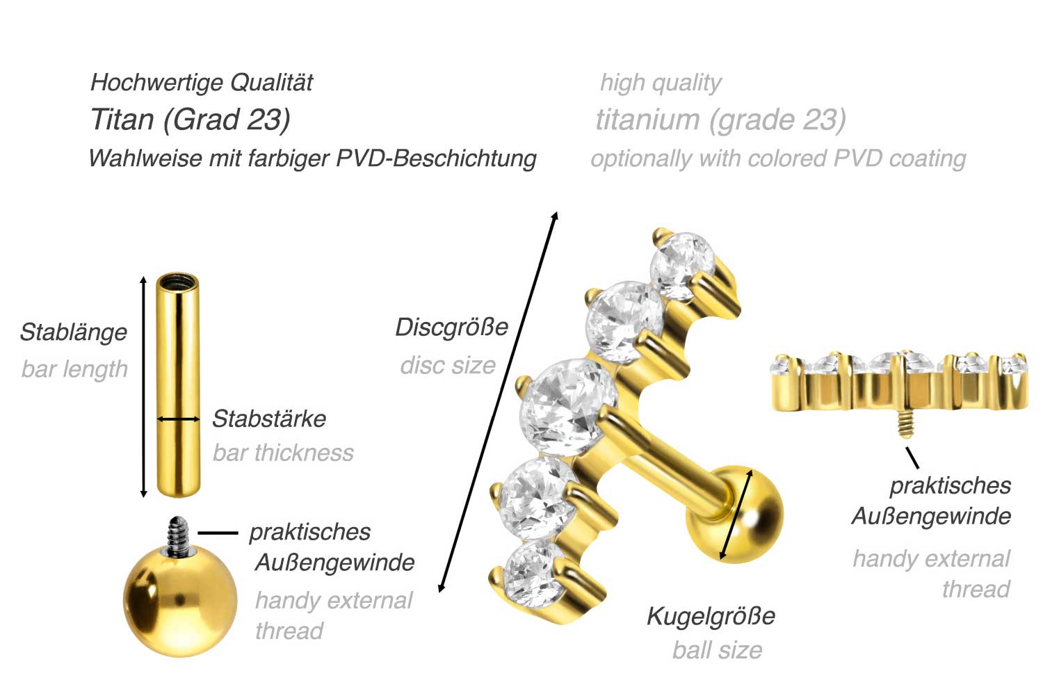 Titan Ohrpiercing mit Innengewinde 5 EINGEFASSTE KRISTALLE