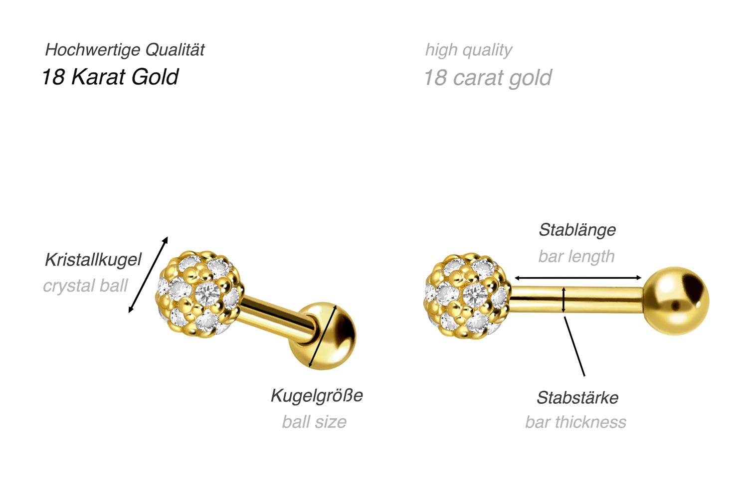 18 Karat Gold Ohrpiercing KRISTALLKUGEL