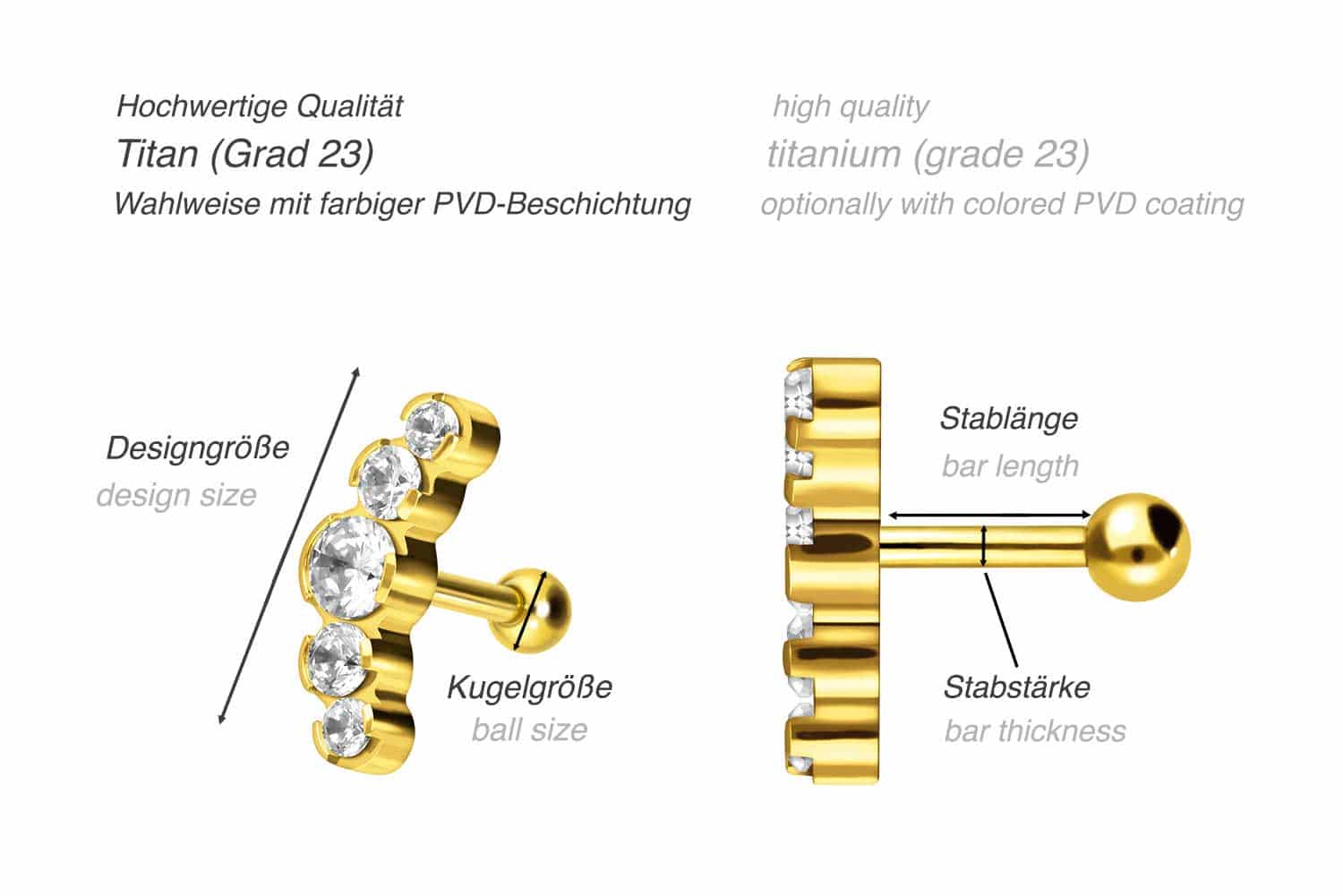 Titan Ohrpiercing 5 EINGEFASSTE KRISTALLE