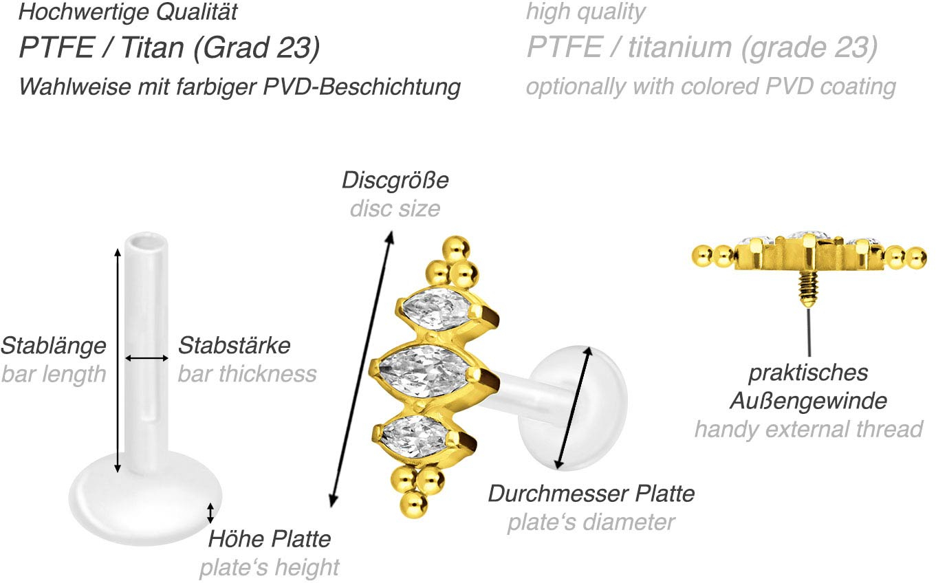 PTFE Labret mit Innengewinde + Titan-Aufsatz 3 KRISTALLTROPFEN + KUGELN