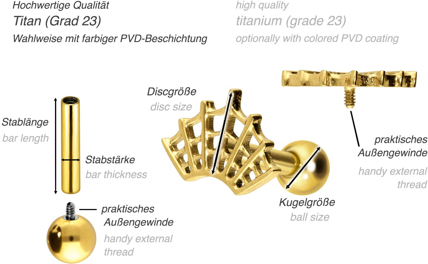 Titan Ohrpiercing mit Innengewinde SPINNENNETZ