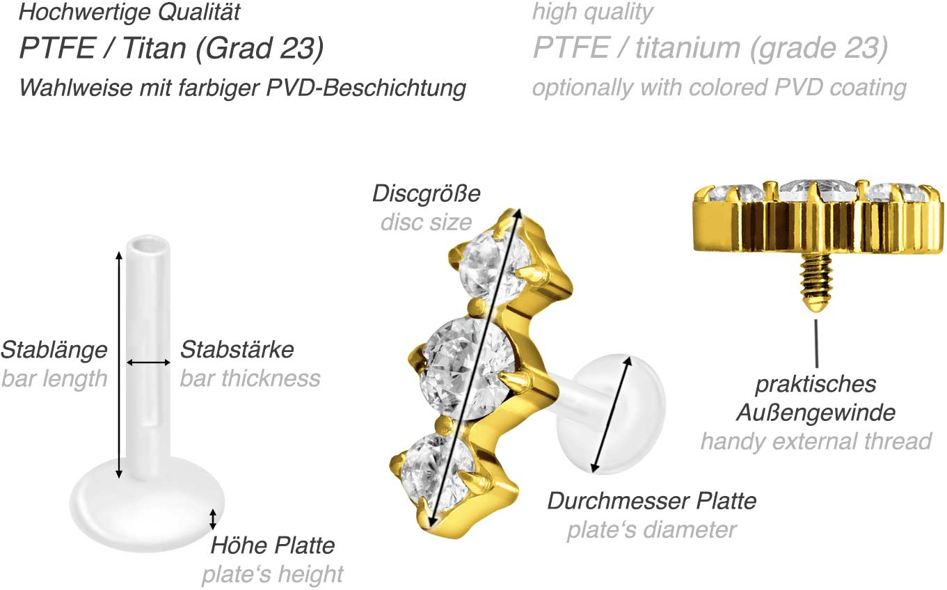 PTFE Labret mit Innengewinde + Titan-Aufsatz 3 EINGEFASSTE KRISTALLE