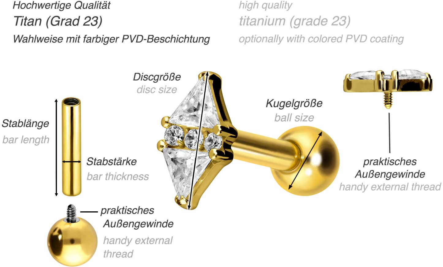 Titanium ear piercing with internal thread CRYSTAL RHOMBUS