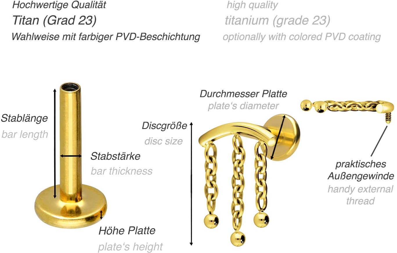 Titanium labret with internal thread ARCH + 3 CHAINS