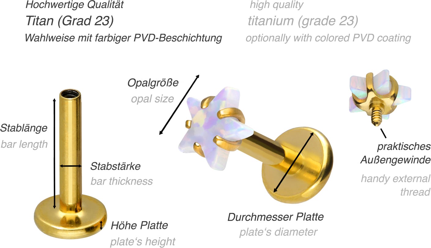 Titan Labret mit Innengewinde STERN + SYNTHETISCHER OPAL