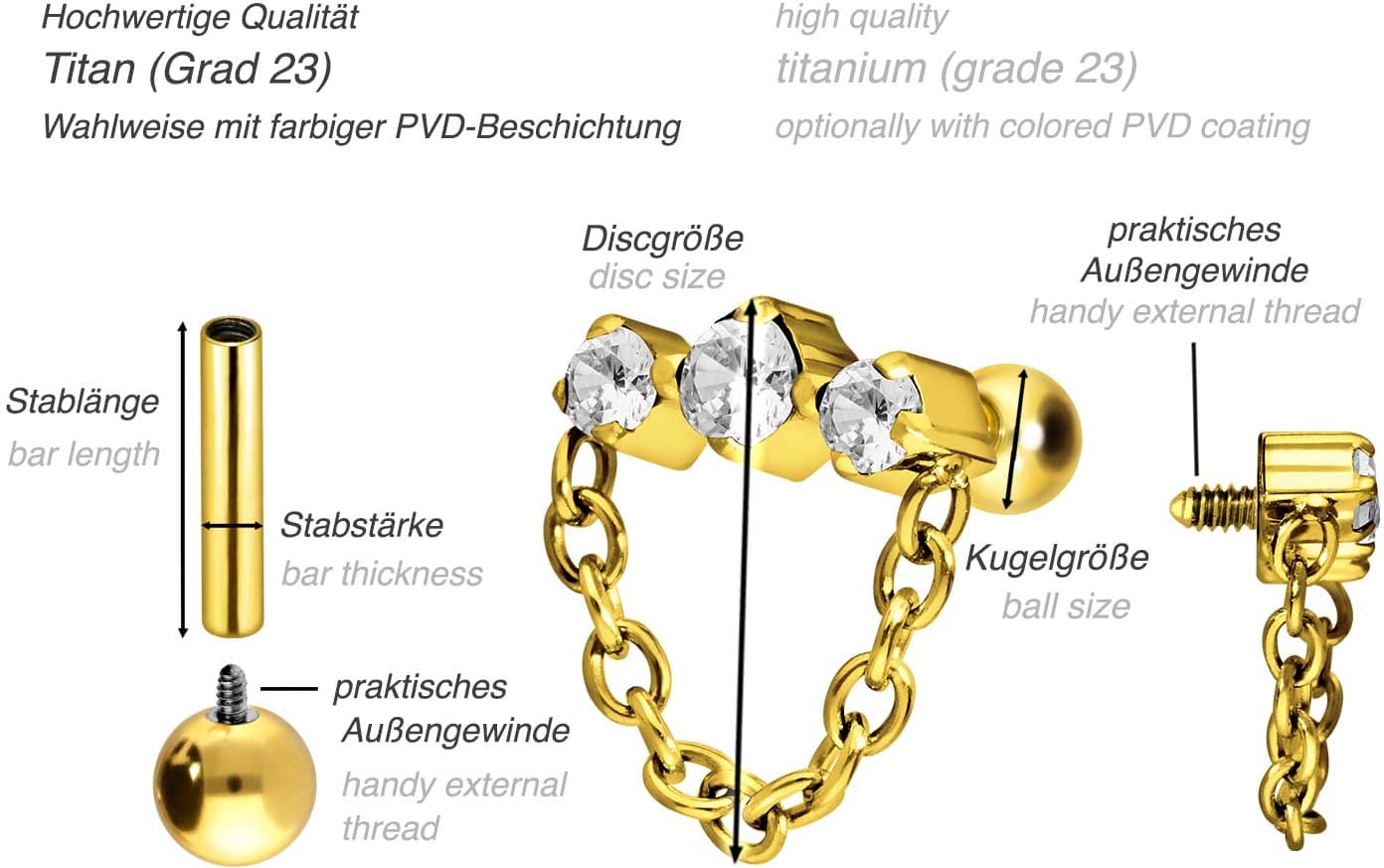 Titan Ohrpiercing mit Innengewinde 3 EINGEFASSTE KRISTALLE + KETTE