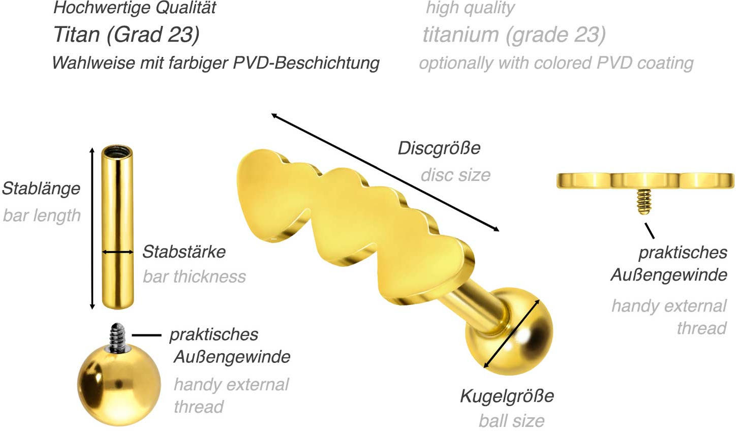 Titan Ohrpiercing mit Innengewinde 3 HERZEN