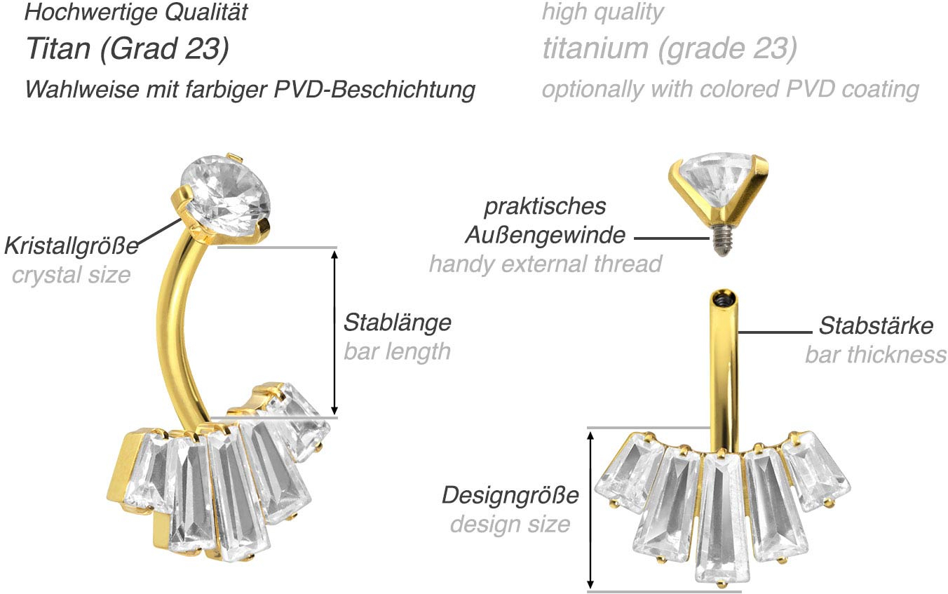 Titanium bananabell with internal thread 5 SETTED CRYSTAL RECTANGLES