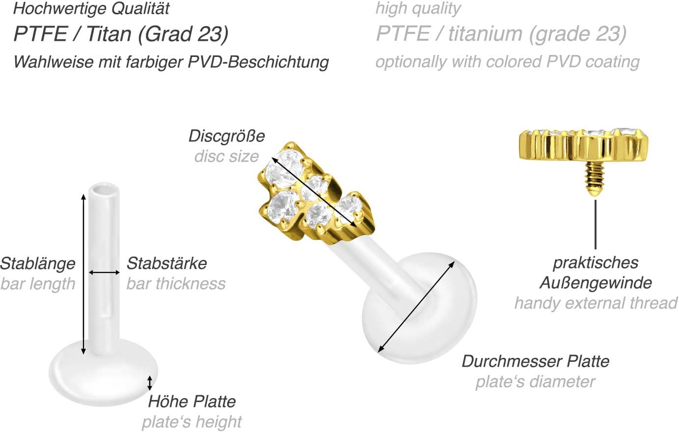 PTFE Labret mit Innengewinde + Titan-Aufsatz KRISTALLWOLKE