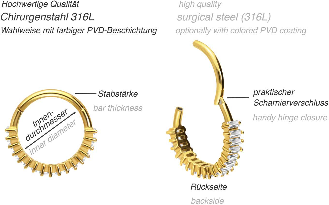 Surgical steel segment ring clicker SETTED CRYSTAL RECTANGLES