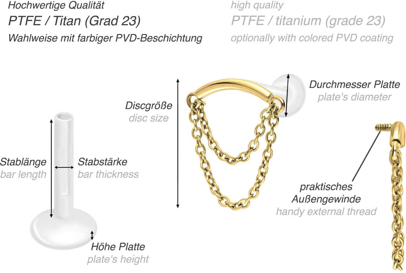 PTFE Labret mit Innengewinde + Titan-Aufsatz BOGEN + 2 KETTEN