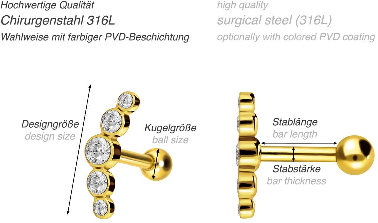 Chirurgenstahl Ohrpiercing 5 KRISTALLE