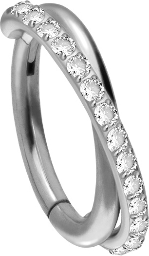 Titanium segment ring clicker 2 CROSSED RINGS + SETTED CRYSTALS