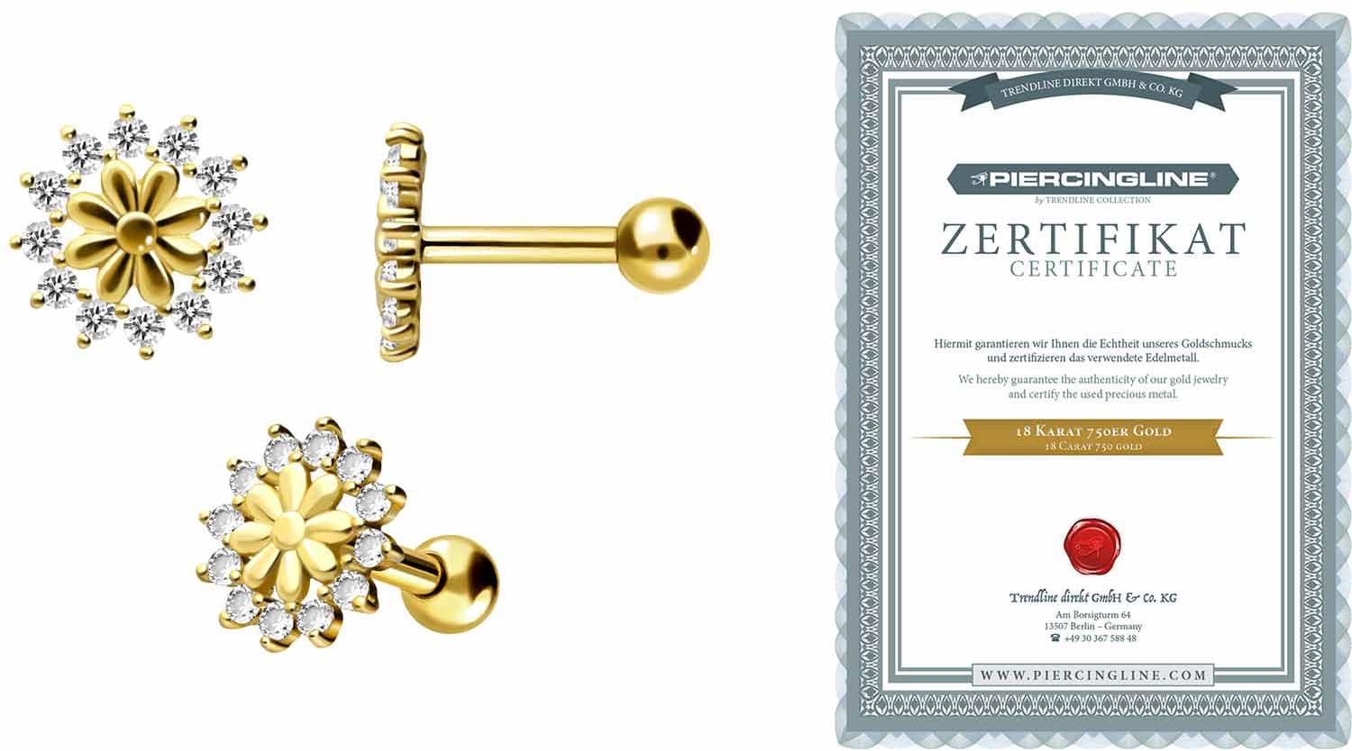 18 Karat Gold Ohrpiercing BLUME + KRISTALLE