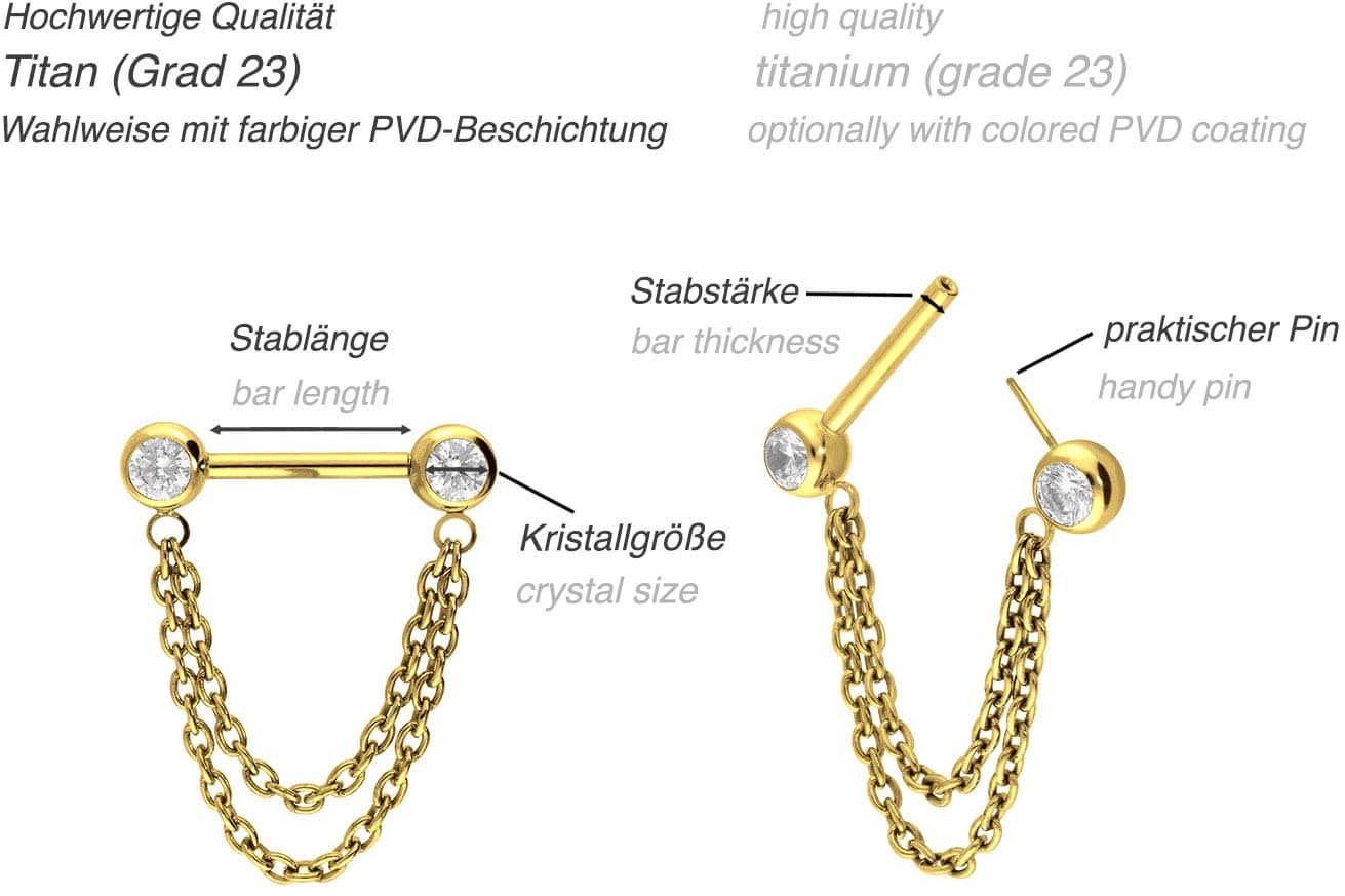 Titanium barbell with push fit 2 CHAINS + CRYSTALS