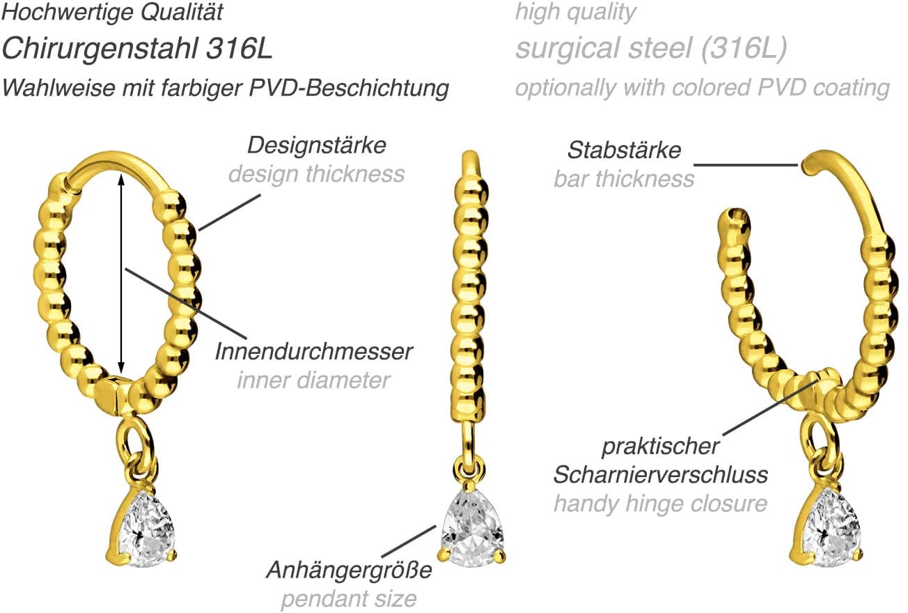 Chirurgenstahl Ohrclicker Creolen KUGELN + KRISTALLTROPFEN