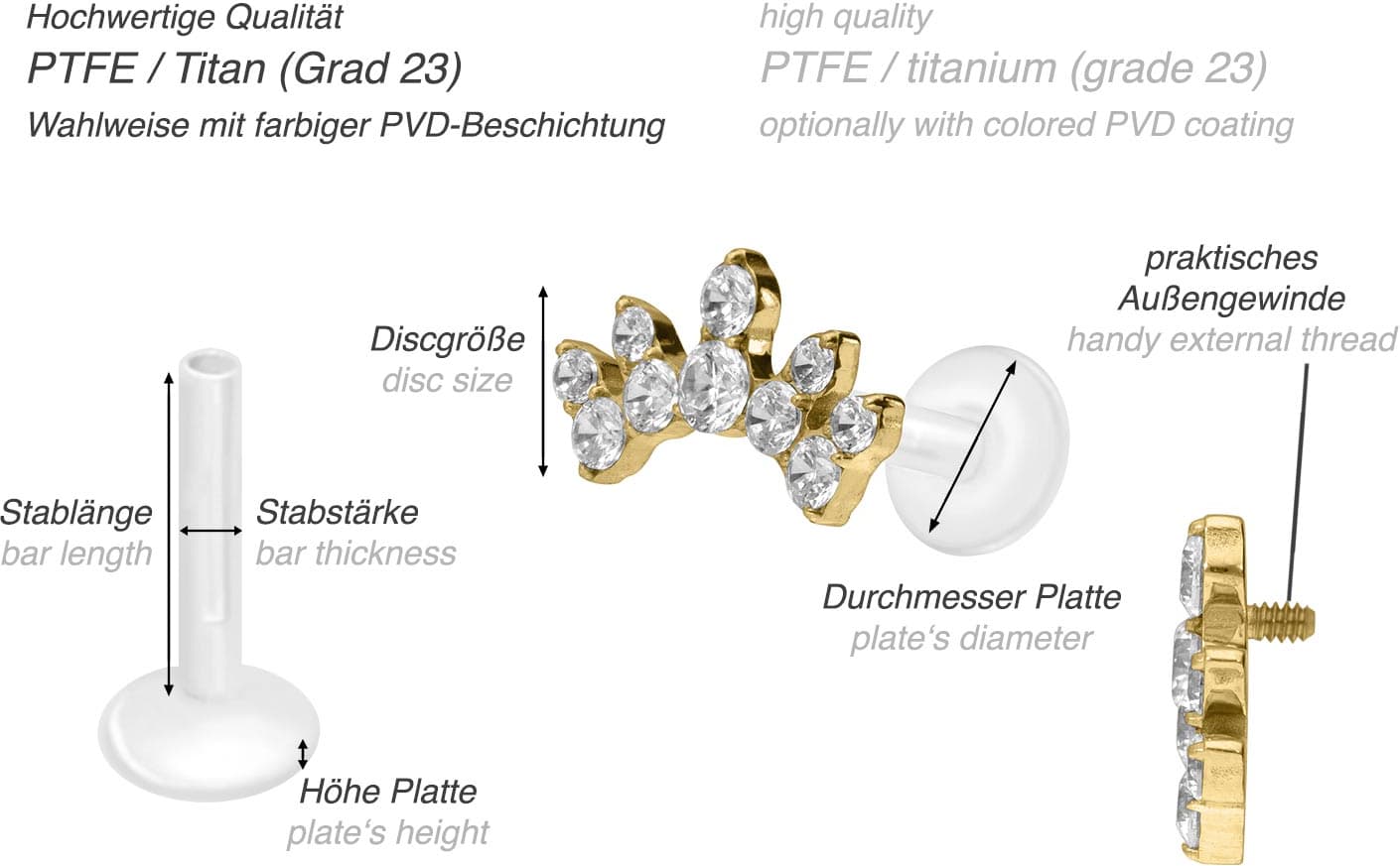 PTFE labret with internal thread + titanium attachment CRYSTAL ARCH