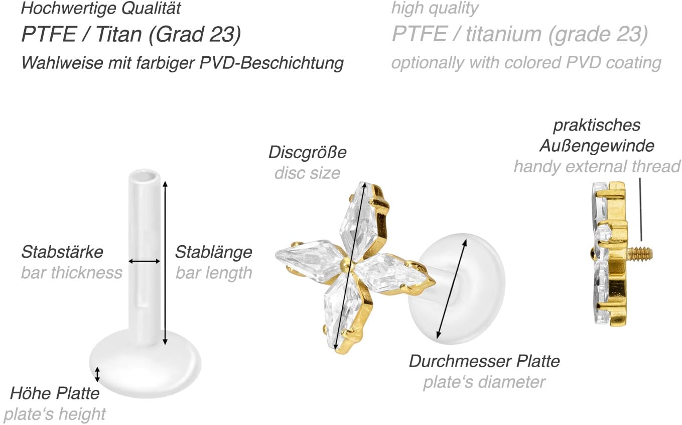 PTFE Labret mit Innengewinde + Titan-Aufsatz KRISTALLSTERN