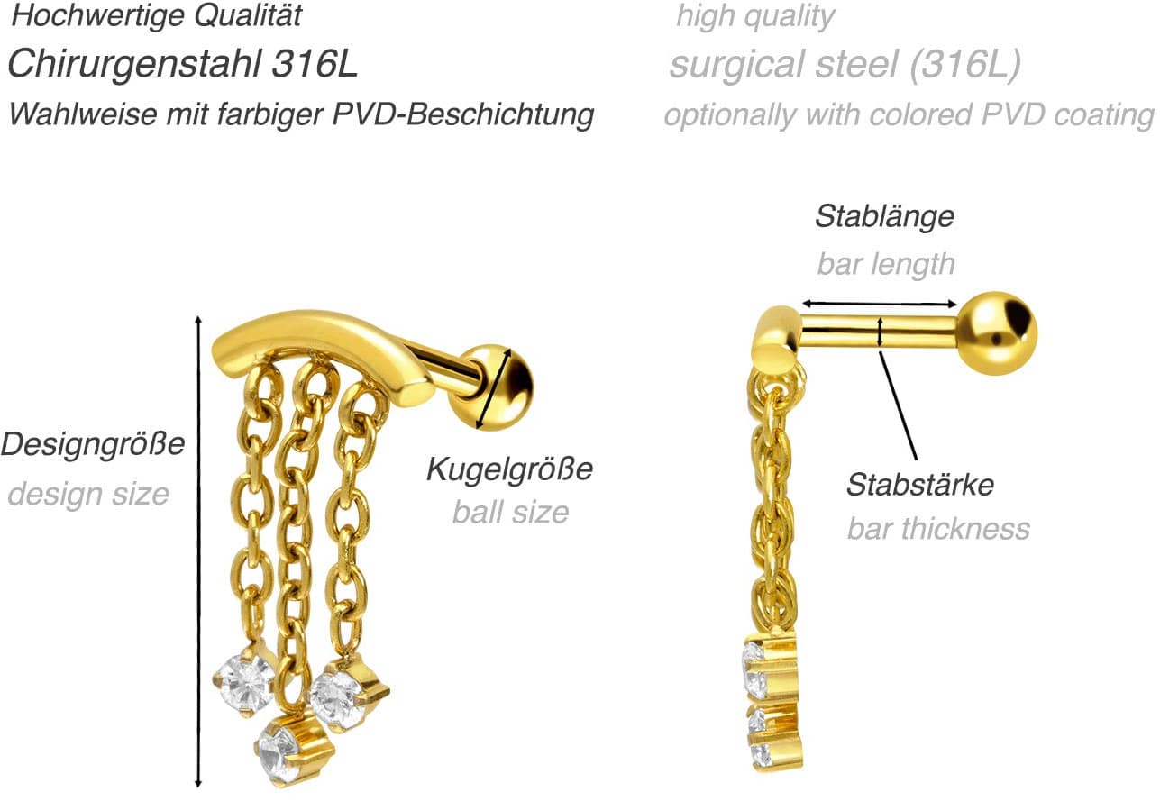 Chirurgenstahl Ohrpiercing BOGEN + 3 KETTEN + 3 KRISTALLE