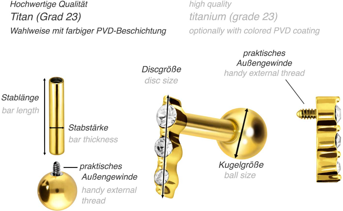 Titanium ear piercing with internal thread 3 CRYSTALS