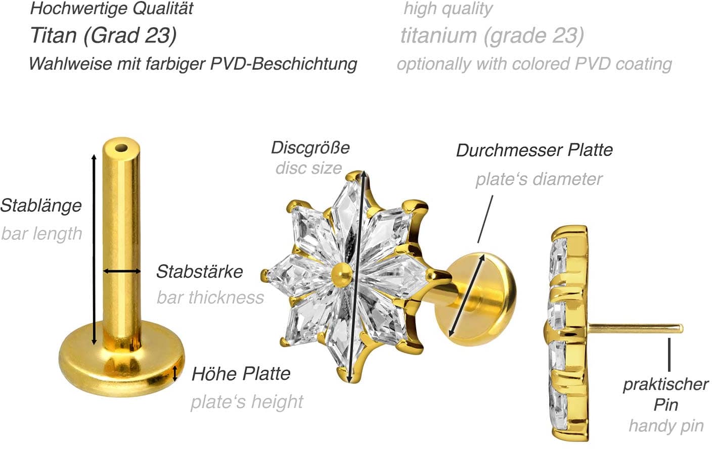 Titanium labret with push fit CRYSTAL STAR