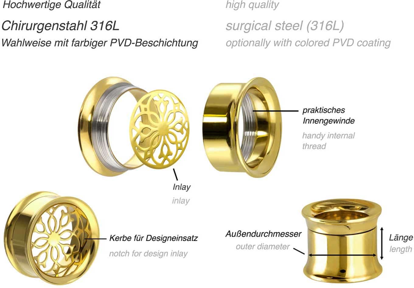 Surgical steel BYO double flared tunnel incl. inlay MANDALA ++SALE++