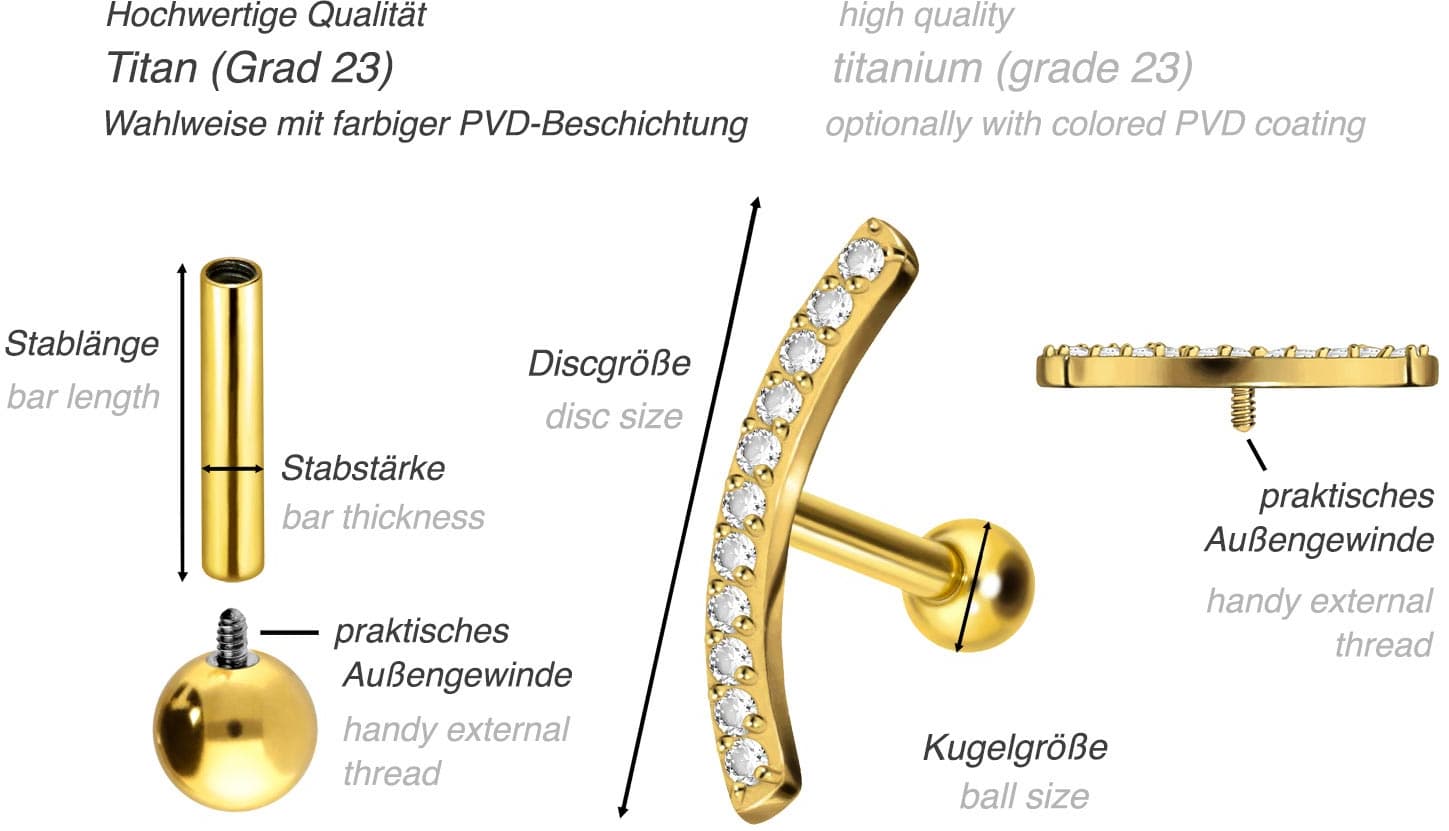 Titanium ear piercing with internal thread CRYSTAL ARCH