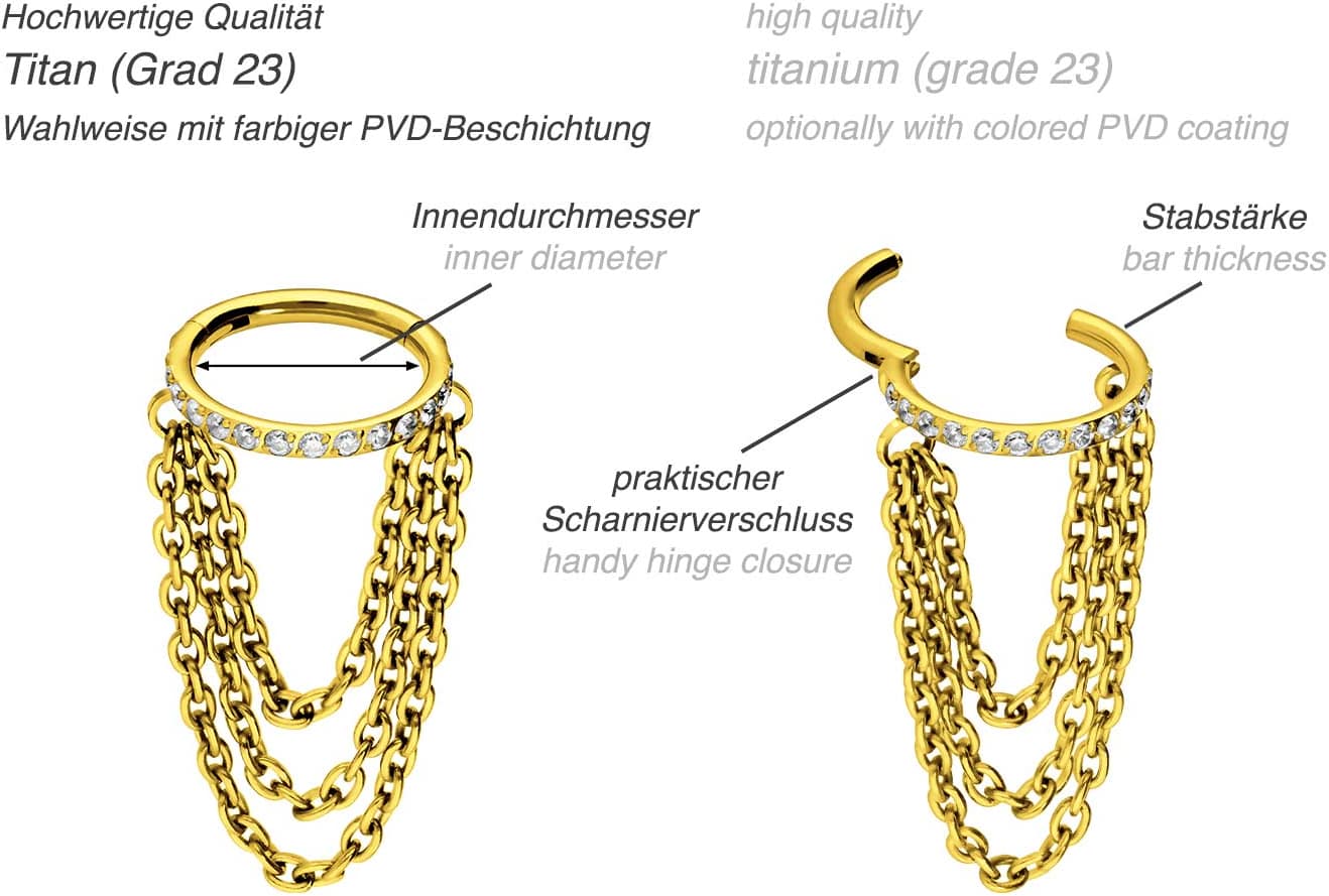 Titanium segment ring clicker SETTED CRYSTALS + 3 CHAINS