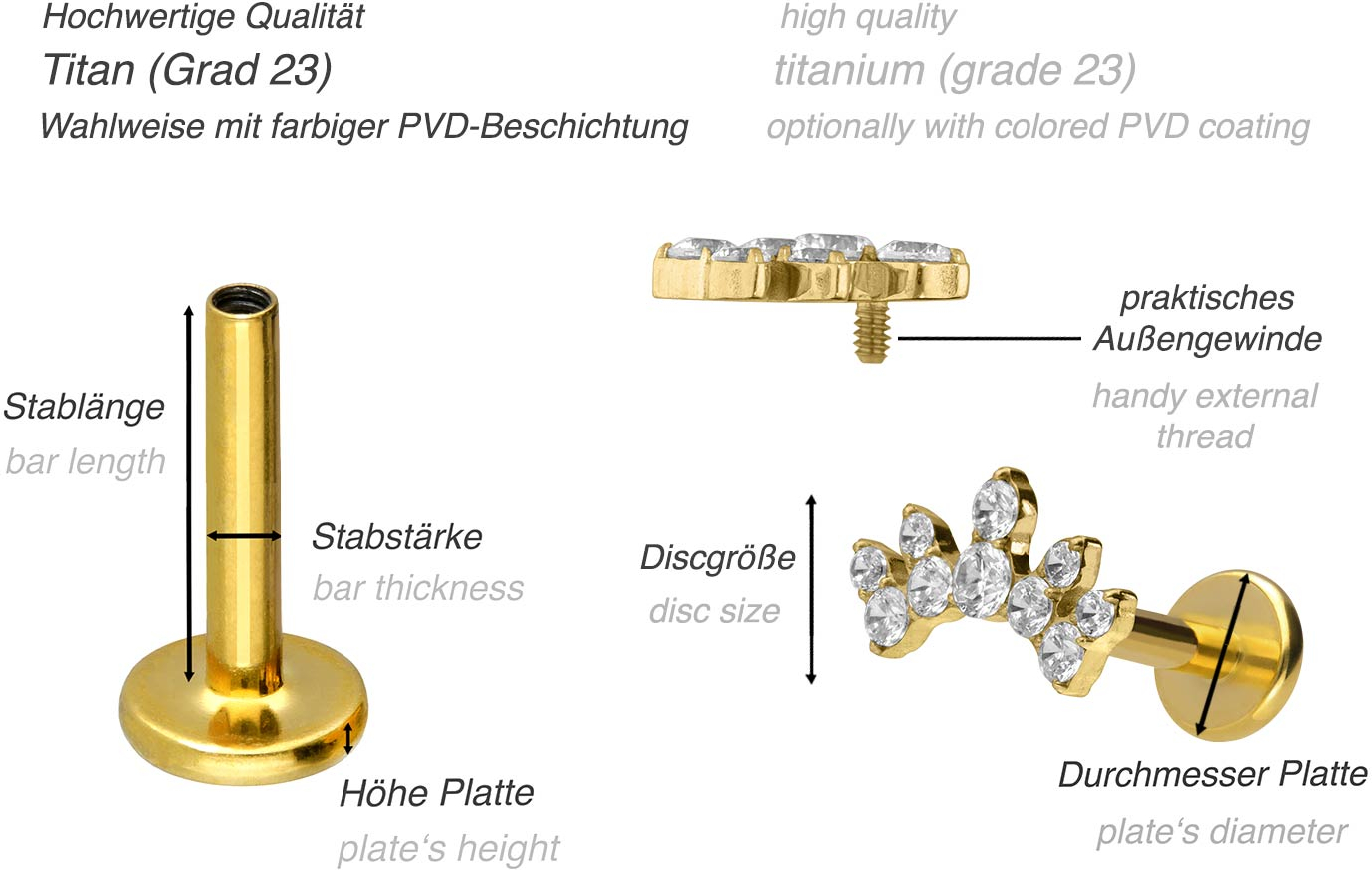 Titan Labret mit Innengewinde KRISTALLBOGEN