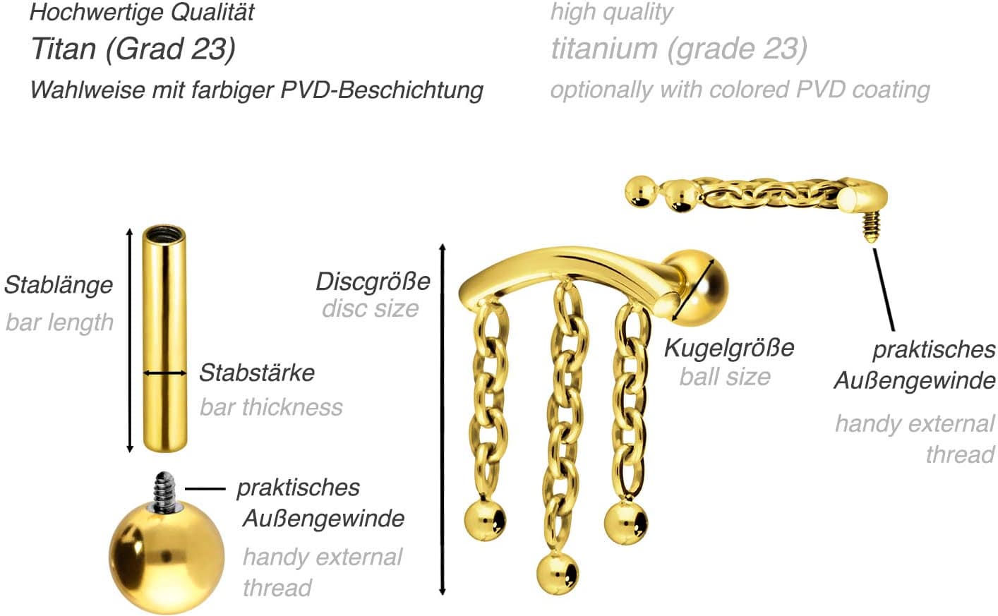 Titan Ohrpiercing mit Innengewinde BOGEN + 3 KETTEN