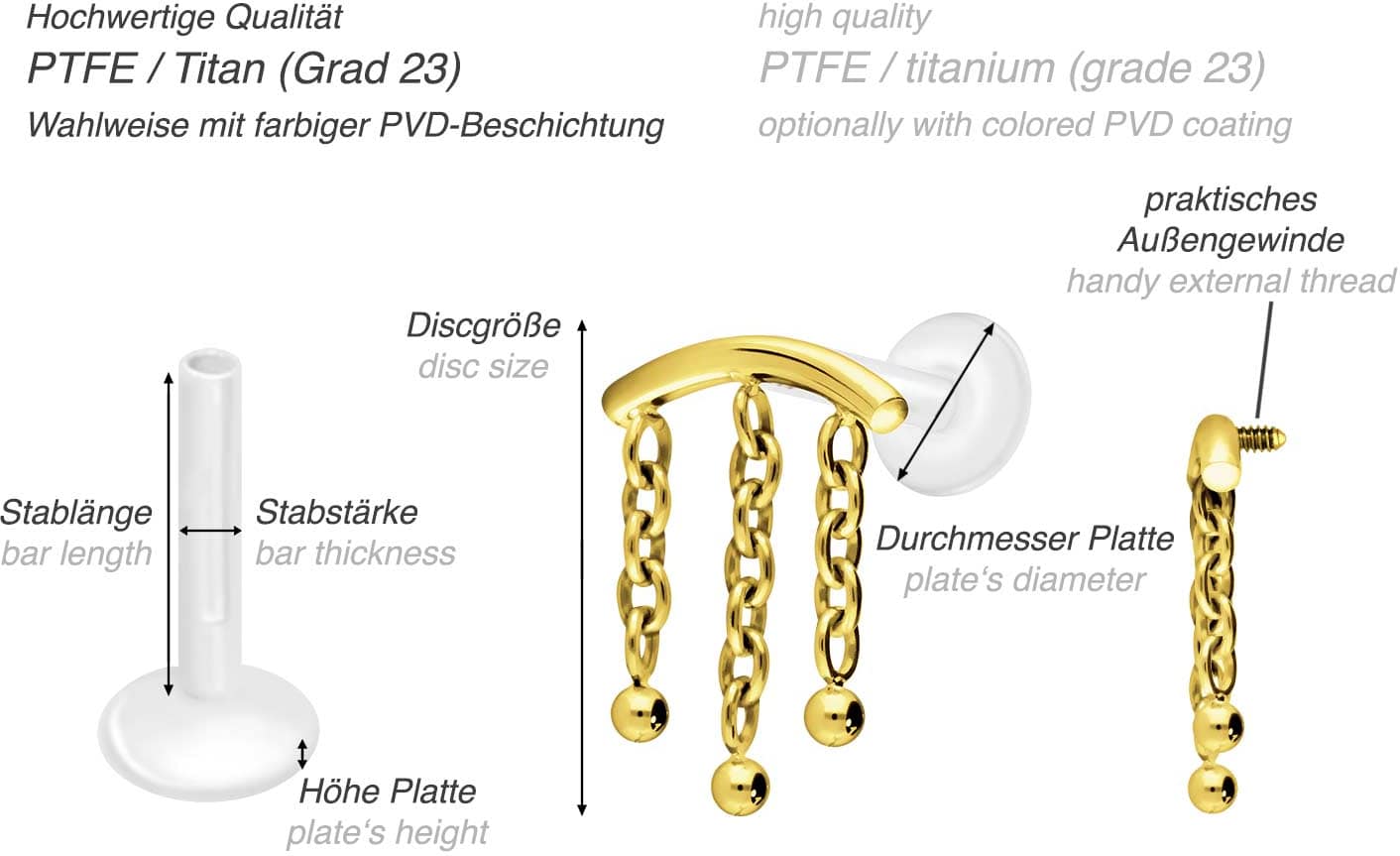 PTFE labret with internal thread + titanium attachment ARCH + 3 CHAINS