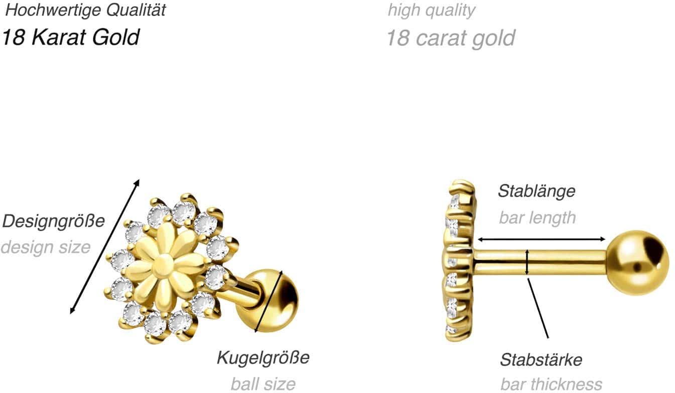 18 Karat Gold Ohrpiercing BLUME + KRISTALLE