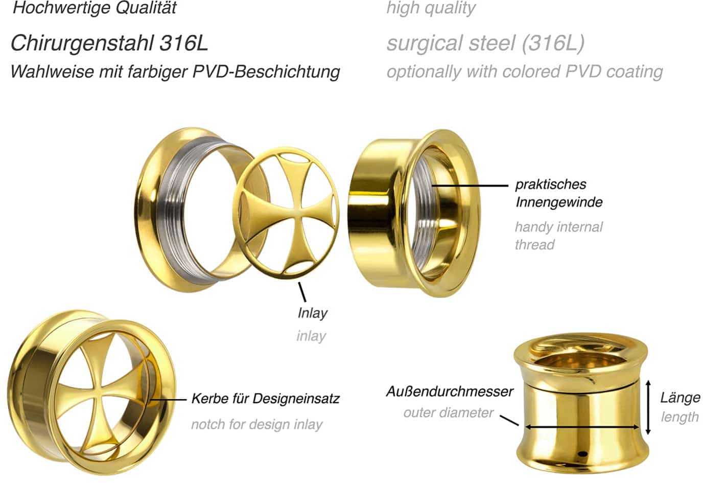 Surgical steel BYO double flared tunnel incl. inlay IRON CROSS ++SALE++