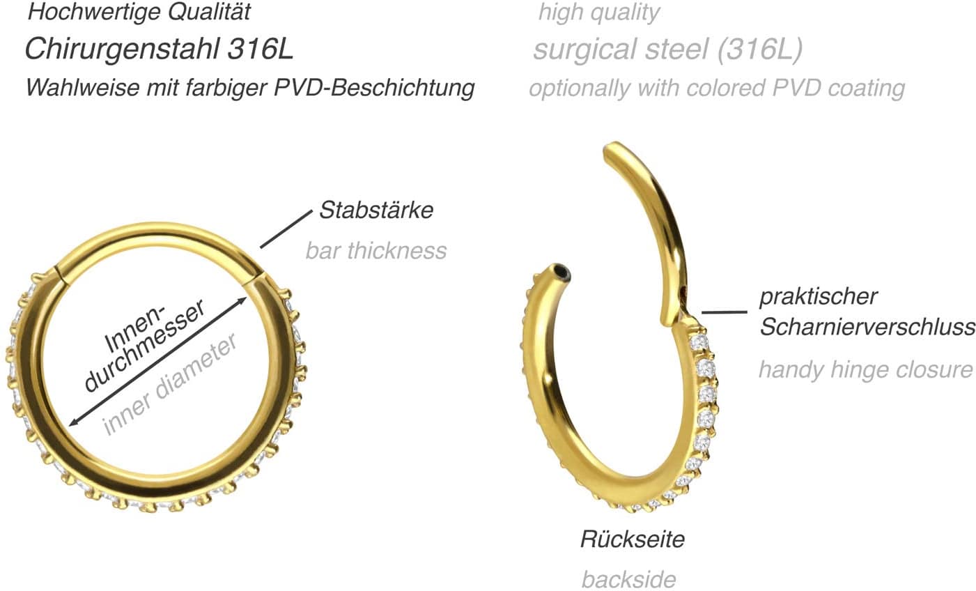 SET Chirurgenstahl Segmentring Clicker EINGEFASSTE KRISTALLE ++Neues Design++