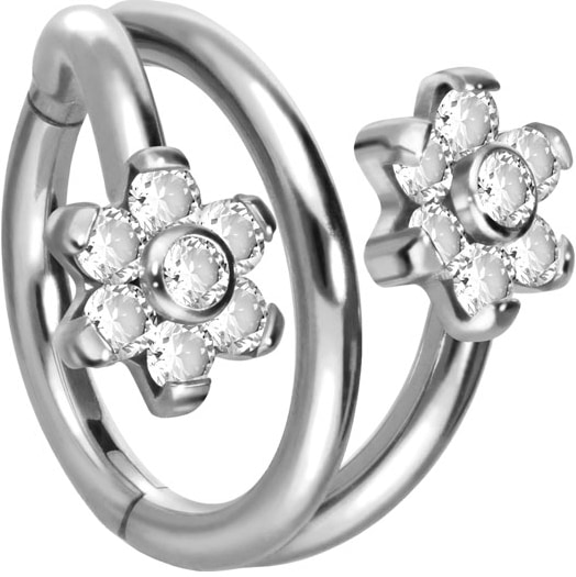 Titanium segment ring clicker 3 RINGS + 2 FLOWERS WITH 7 CRYSTALS