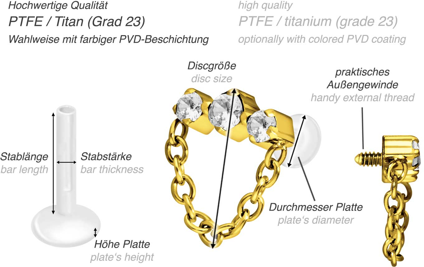 PTFE Labret mit Innengewinde + Titan-Aufsatz 3 EINGEFASSTE KRISTALLE + KETTE