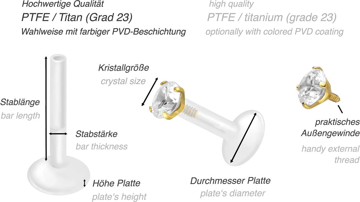 PTFE Labret mit Innengewinde + Titan-Aufsatz EINGEFASSTER KRISTALL