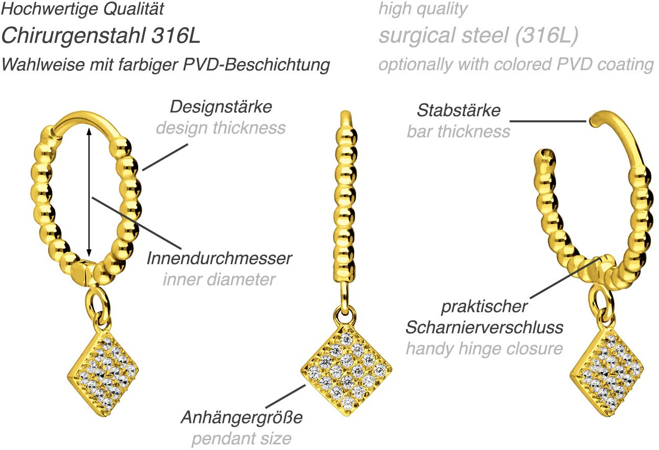 Chirurgenstahl Ohrclicker Creolen KUGELN + KRISTALLQUADRAT