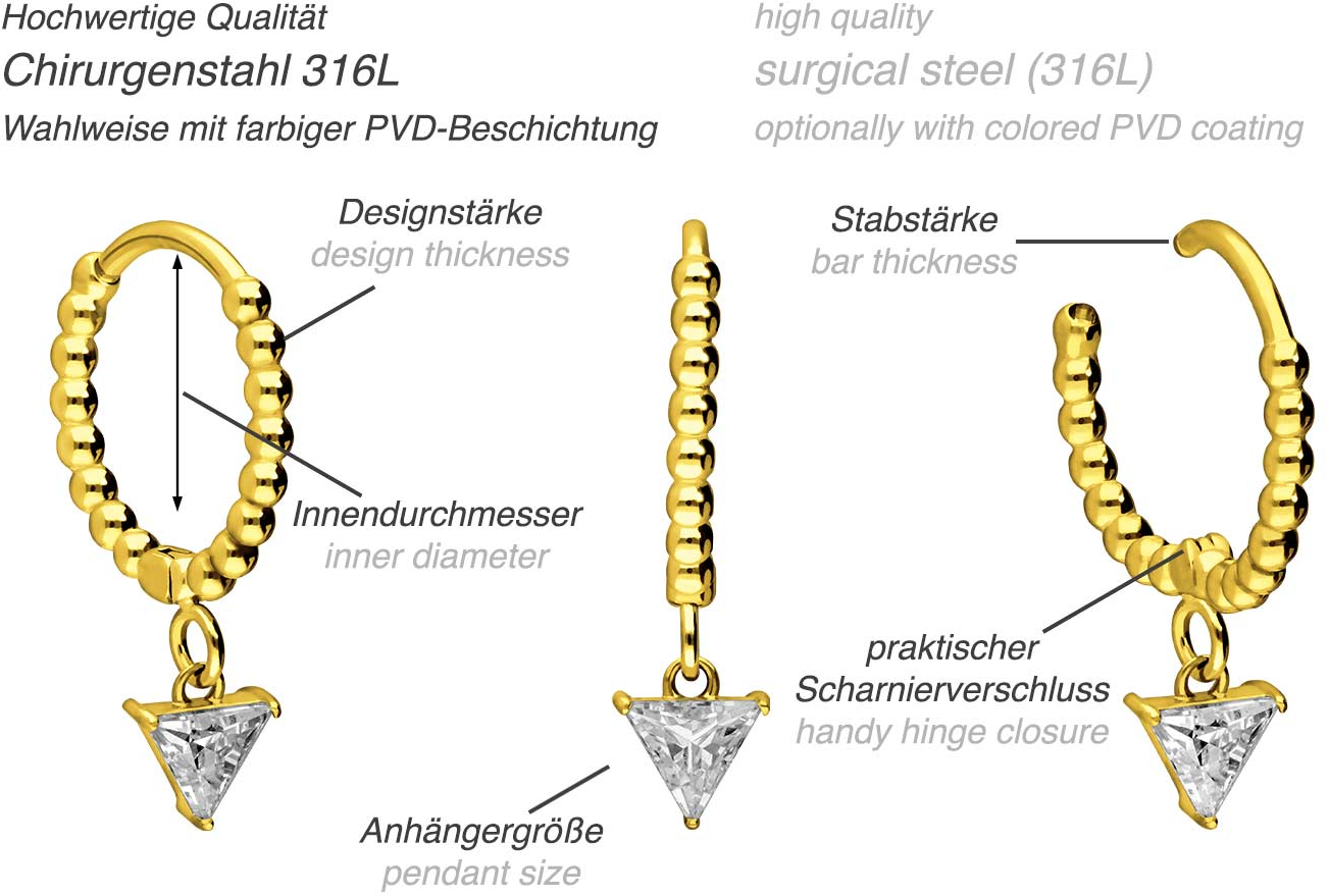 Surgical steel ear clicker creoles BALLS + CRYSTAL TRIANGLE