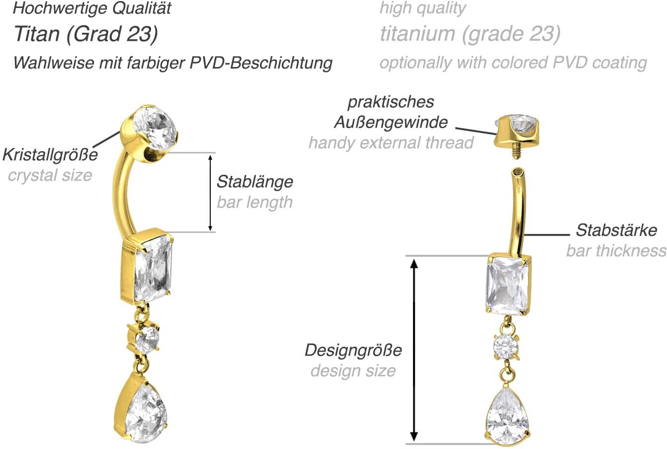 Titanium bananabell with internal thread CRYSTAL RECTANGLE + CRYSTAL DROP