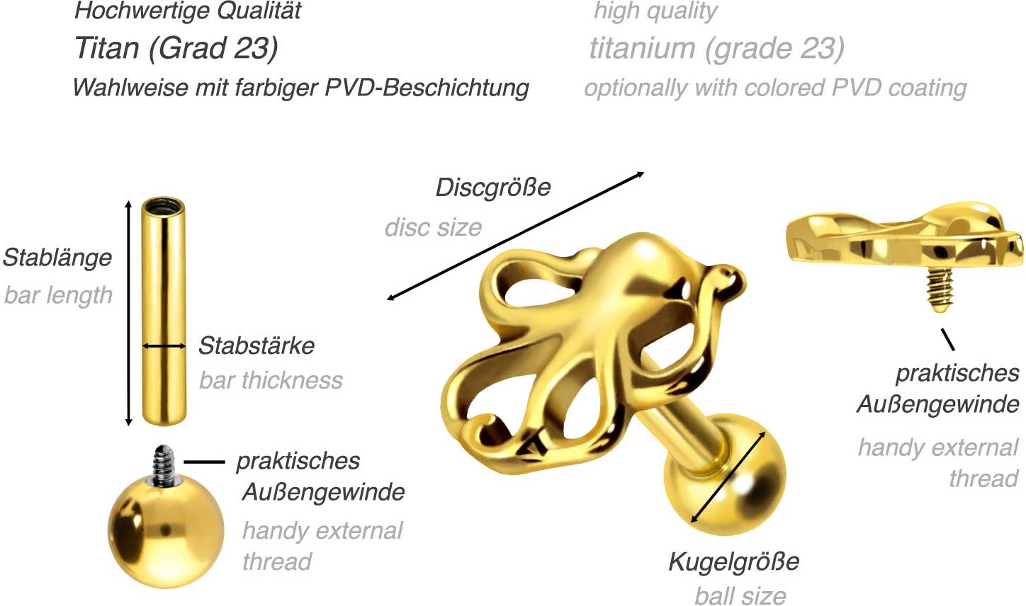 Titan Ohrpiercing mit Innengewinde OKTOPUS