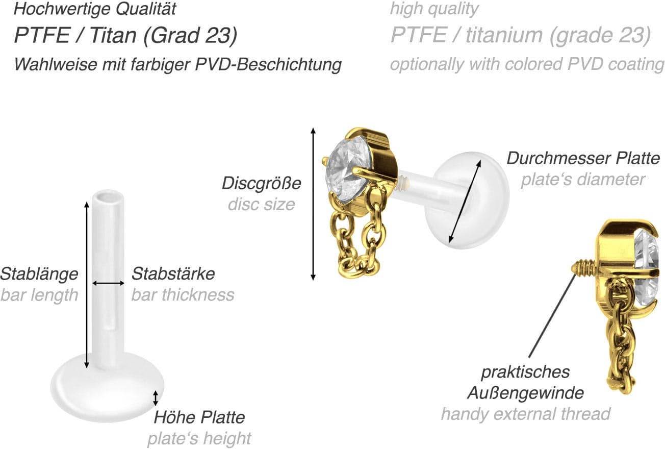 PTFE labret with internal thread + titanium attachment CRYSTAL + CHAIN