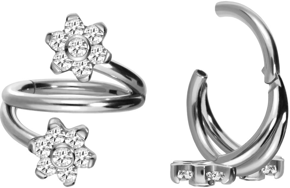 Titanium segment ring clicker 3 RINGS + 2 FLOWERS WITH 7 CRYSTALS