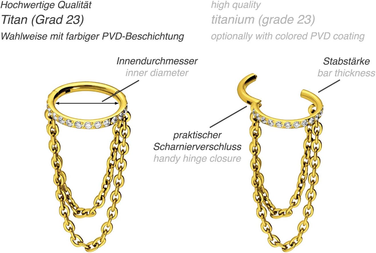 Titanium segment ring clicker SETTED CRYSTALS + 2 CHAINS