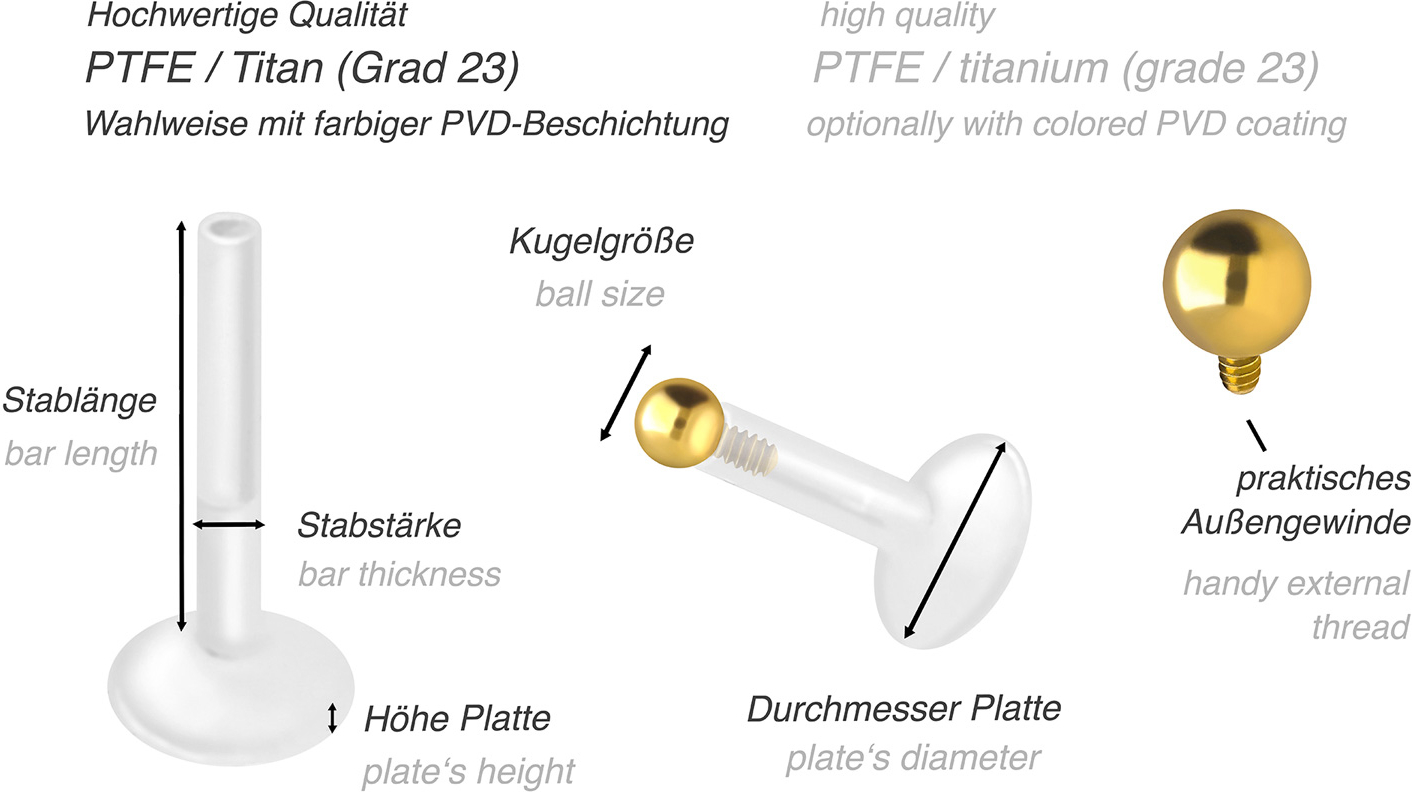 PTFE Labret mit Innengewinde + Titan-Aufsatz KUGEL