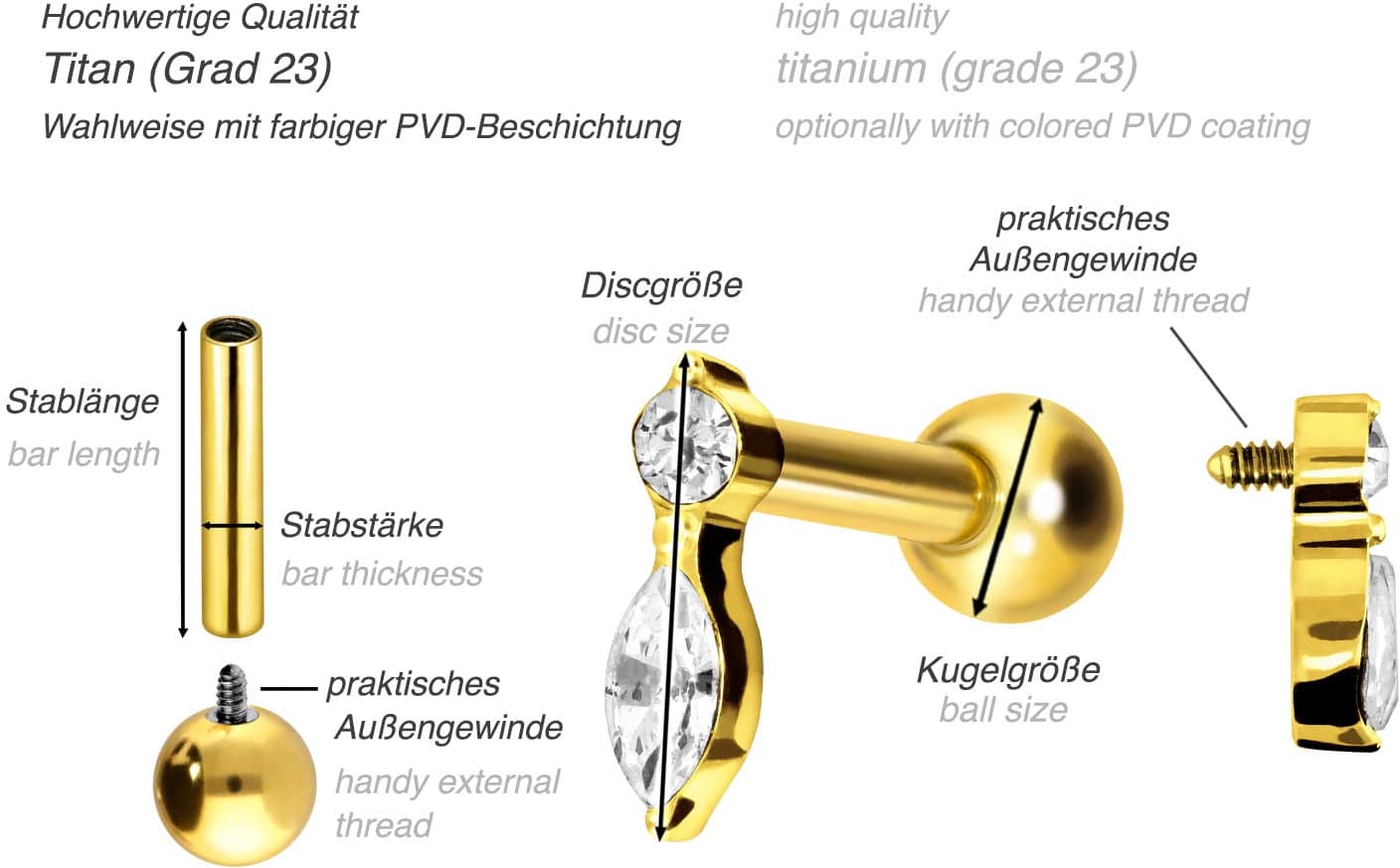 Titanium ear piercing with internal thread CRYSTAL LEAF