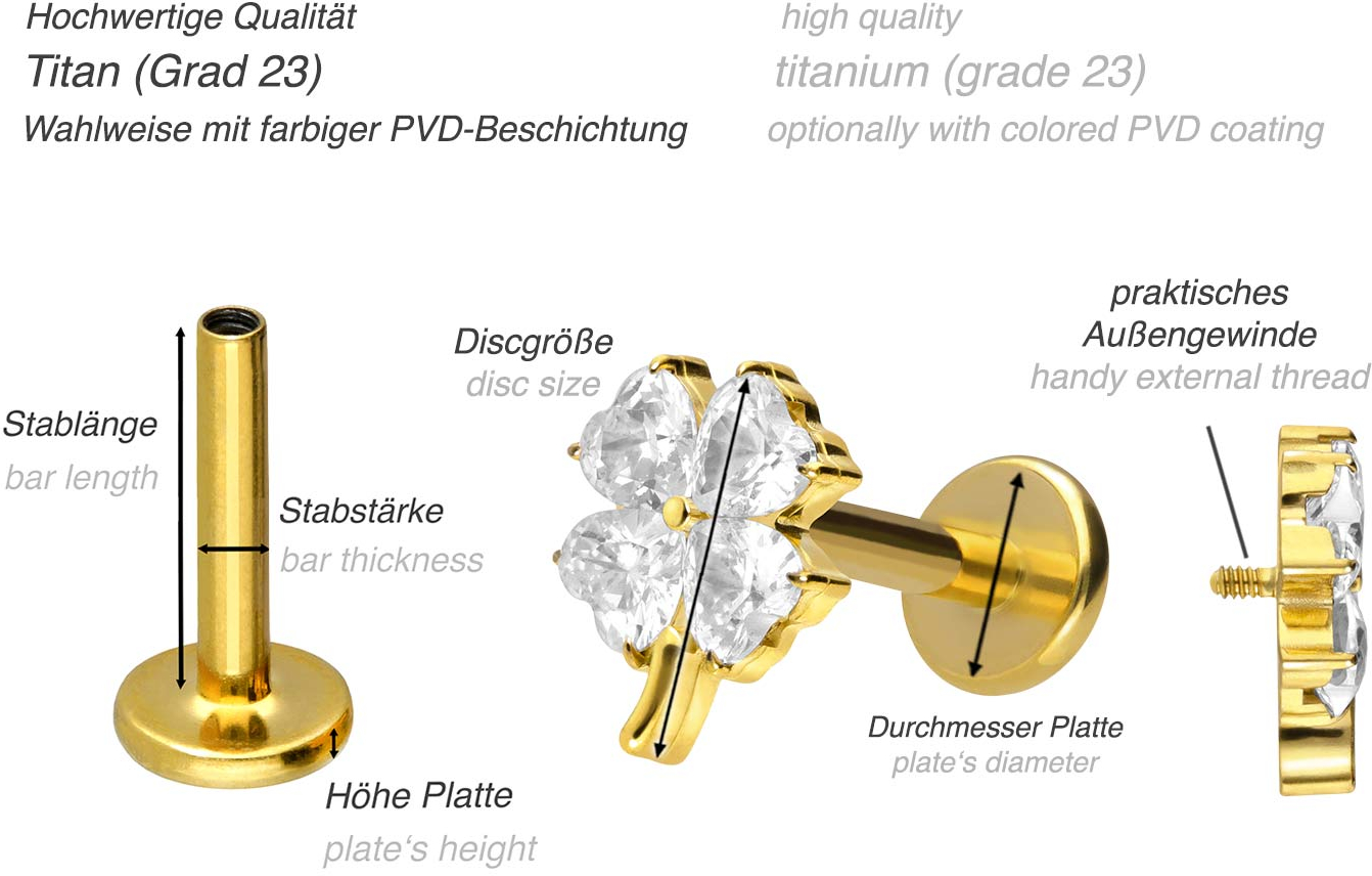 Titanium labret with internal thread CRYSTAL CLOVER LEAF